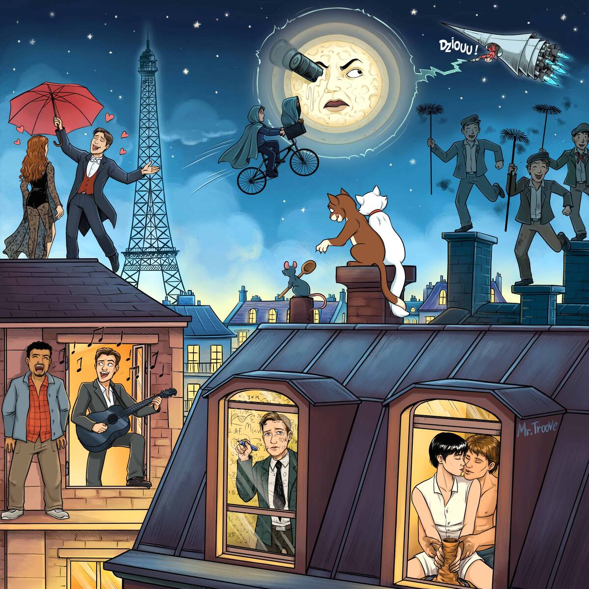 Quiz 10 films à trouver Toits de Paris , avec Ratatouille, Ghost, Le voyage dans la lune.