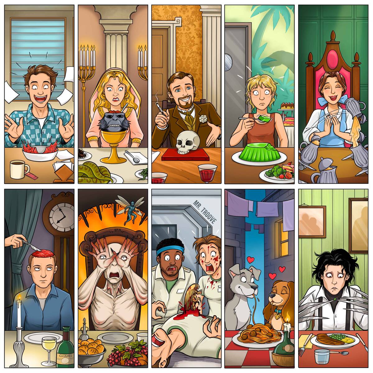 Quiz 10 films à trouver Dinner Scenes , avec Edward aux mains d'argent, Alien, le huitième passager, Bruce tout-puissant.